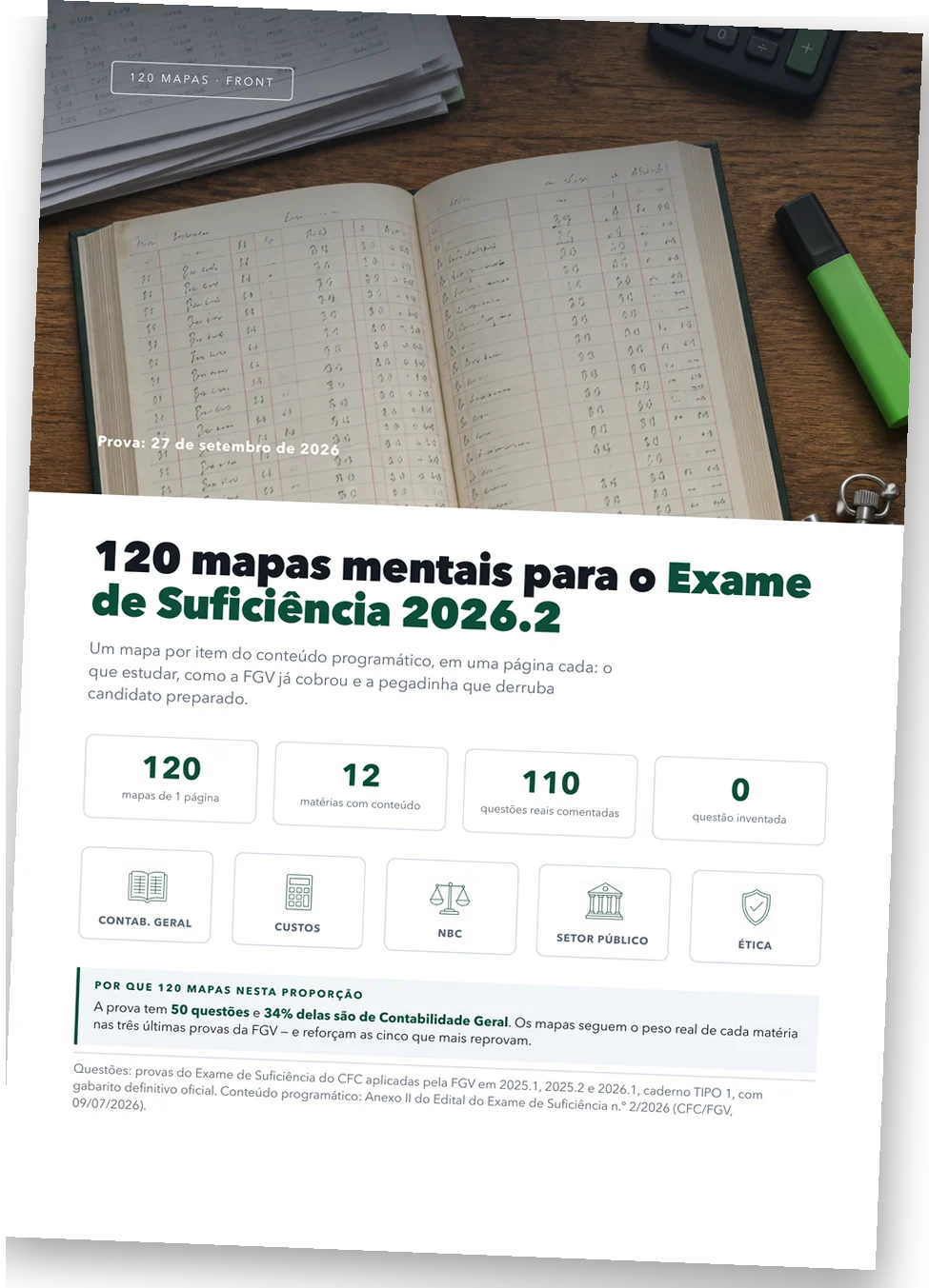 Capa dos 120 Mapas do Exame CFC 2026.2, com os números do acervo e os ícones das matérias
