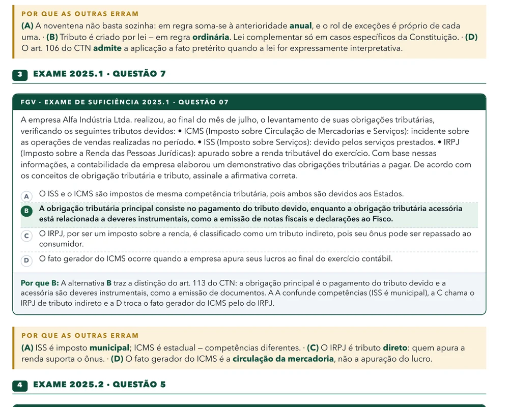 Recorte do caderno das 5 matérias: questão da FGV com o motivo do descarte de cada alternativa errada