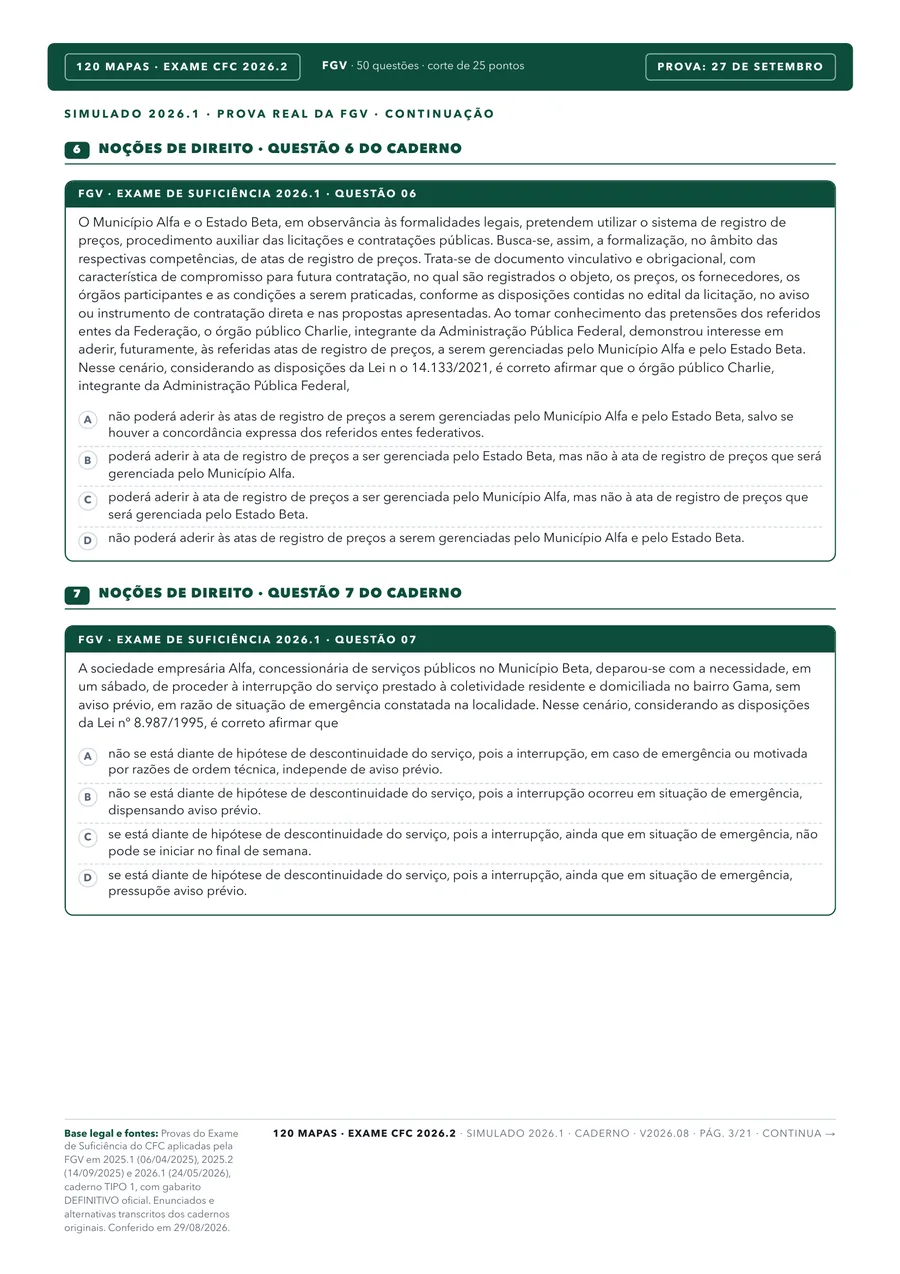 Página do caderno de simulado, com as questões sem nenhuma resposta marcada